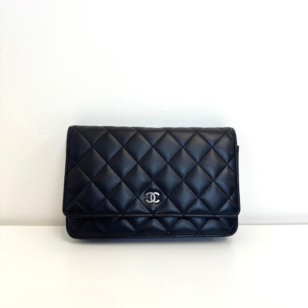 CHANEL Black Quilted Lambskin Leather Wallet on Chain Silver CC Logo Flap Bag